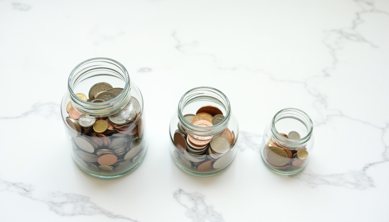 Trois bocaux de pièces représentant la répartition budgétaire 50/30/20
