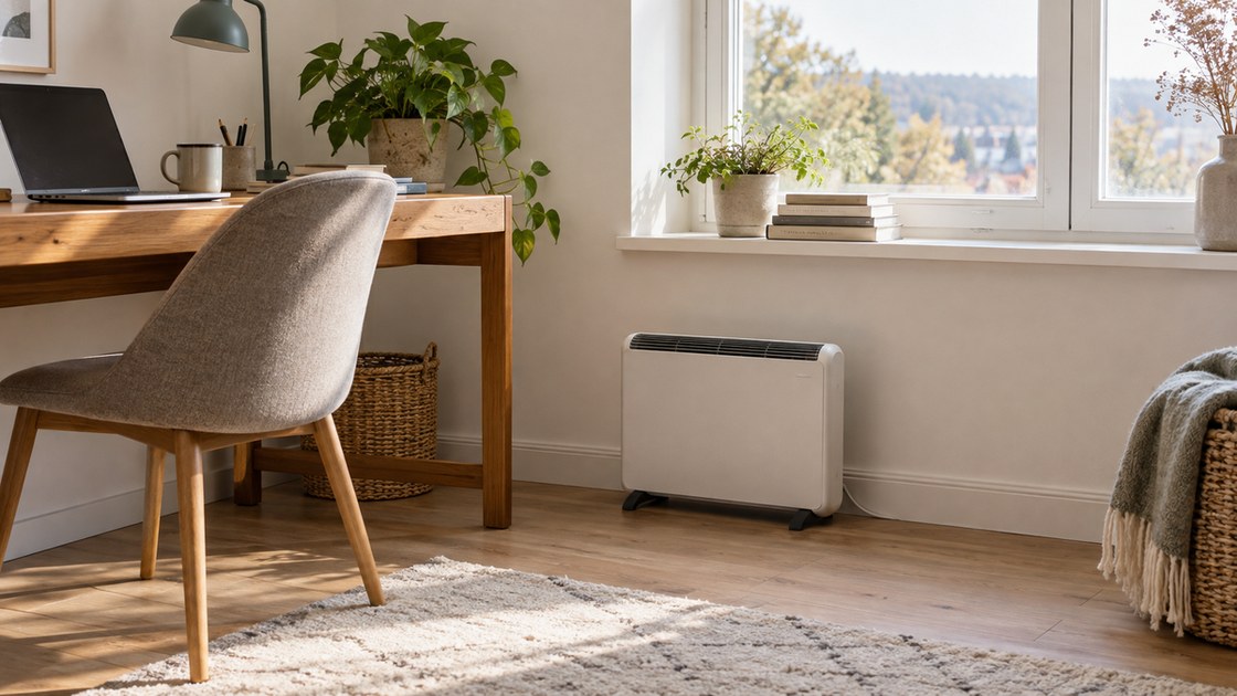 Un chauffage d'appoint compact sous une fenetre dans un coin bureau