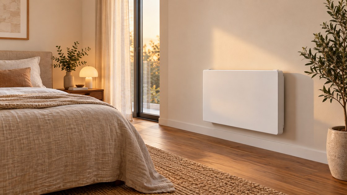 Un radiateur a inertie blanc pose contre un mur dans une chambre claire