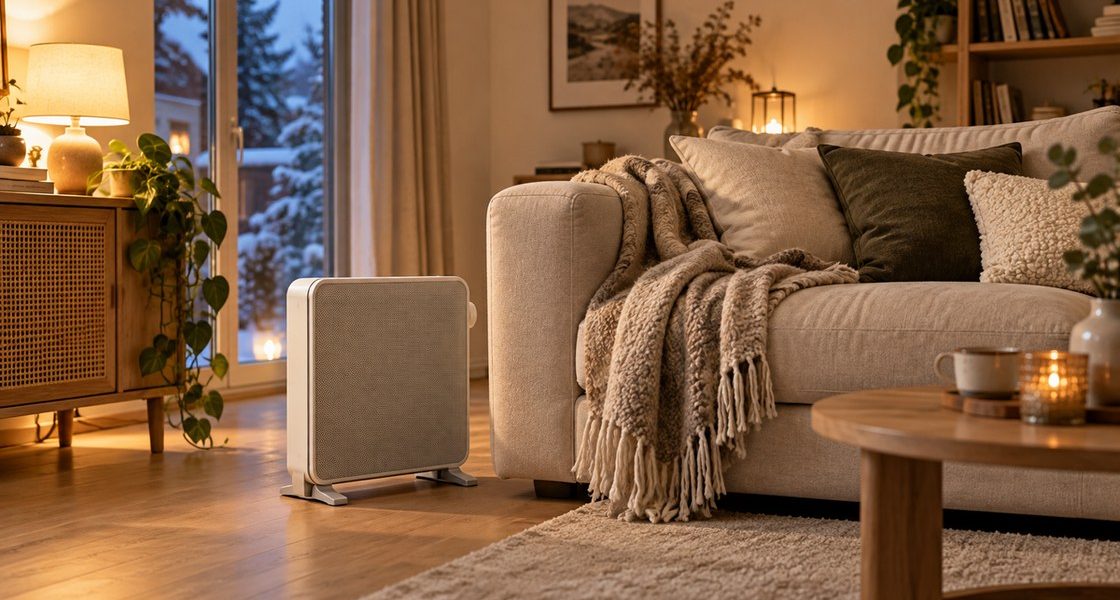 Un petit radiateur electrique discret pose pres d'un canape dans un salon chaleureux d'hiver