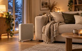Un petit radiateur electrique discret pose pres d'un canape dans un salon chaleureux d'hiver