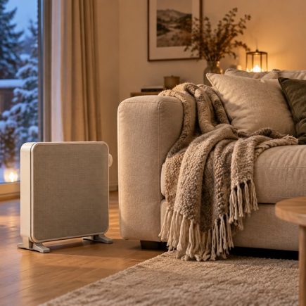 Un petit radiateur electrique discret pose pres d'un canape dans un salon chaleureux d'hiver