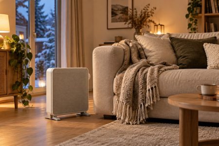 Un petit radiateur electrique discret pose pres d'un canape dans un salon chaleureux d'hiver