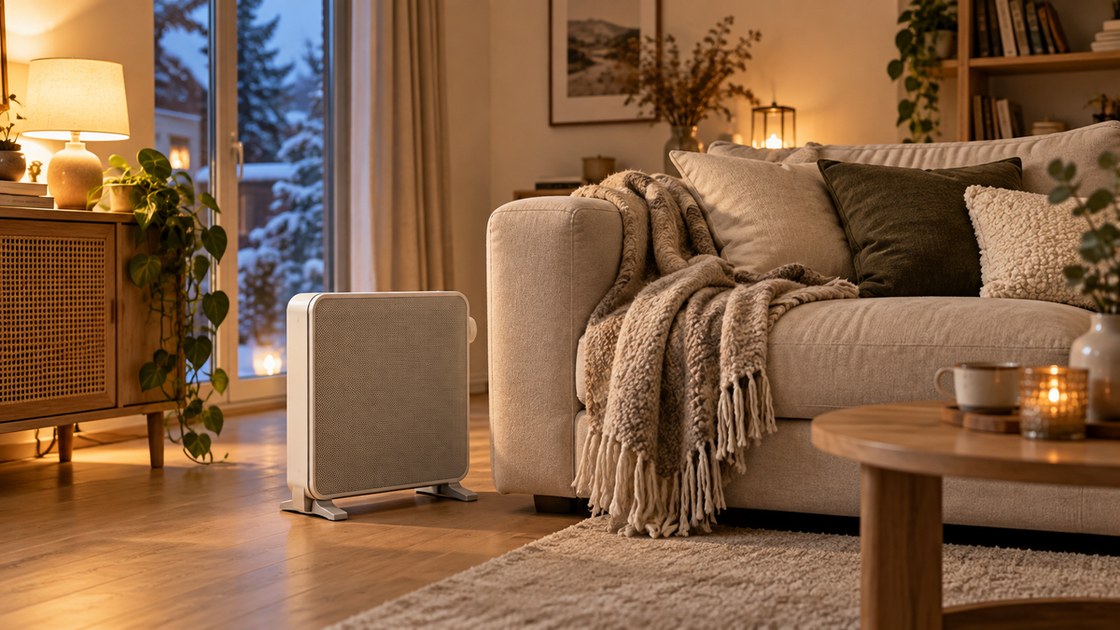 Un petit radiateur electrique discret pose pres d'un canape dans un salon chaleureux d'hiver