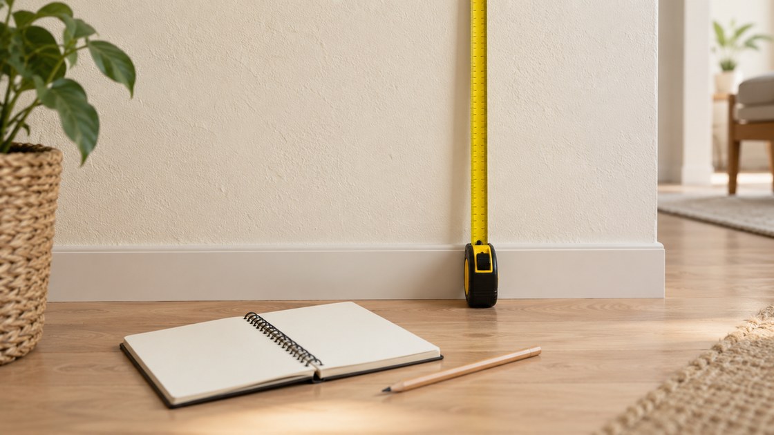 Un metre ruban deroule contre un mur clair, a cote d'un carnet vierge et d'un crayon sur un parquet