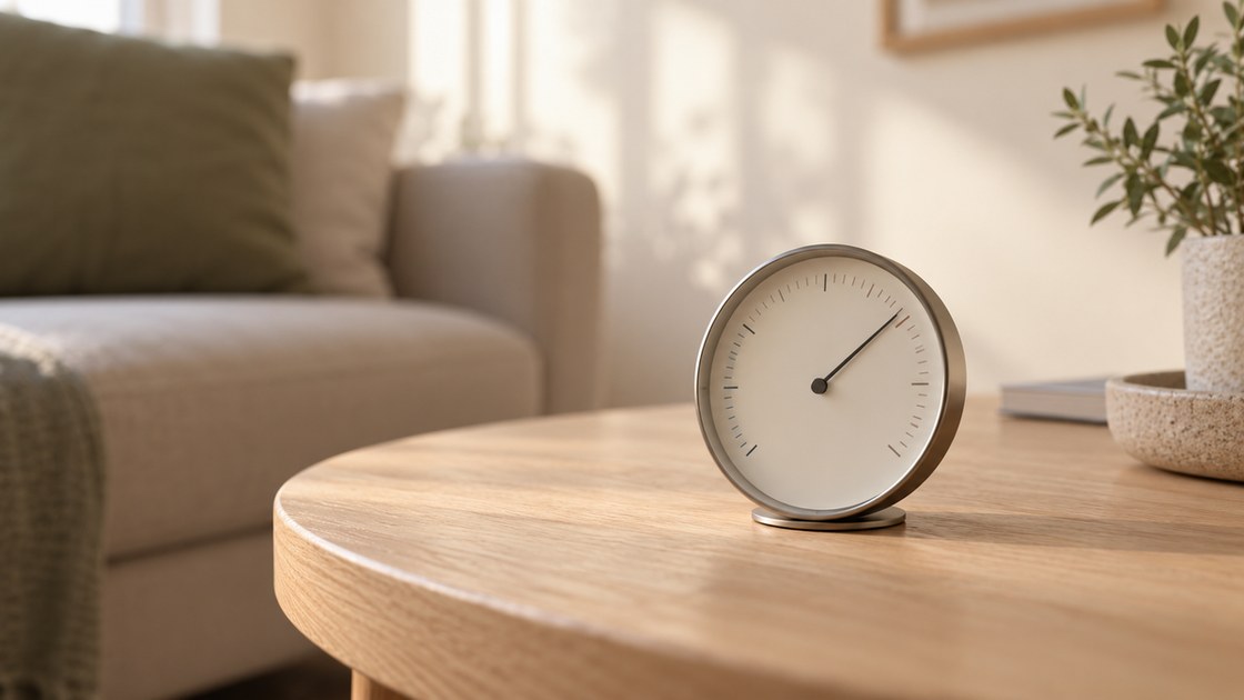 Un thermometre d'ambiance a aiguille pose sur une table basse en bois, devant un mur clair