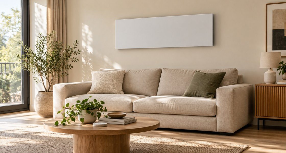Un panneau chauffant mural fin et sobre fixe en hauteur sur un mur clair, au-dessus d'un canape en tissu beige