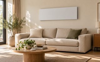Un panneau chauffant mural fin et sobre fixe en hauteur sur un mur clair, au-dessus d'un canape en tissu beige