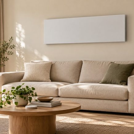 Un panneau chauffant mural fin et sobre fixe en hauteur sur un mur clair, au-dessus d'un canape en tissu beige