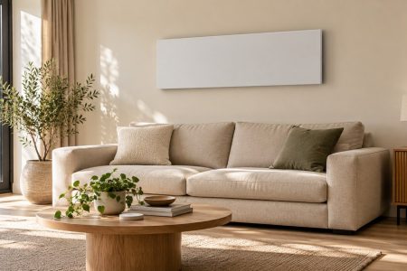 Un panneau chauffant mural fin et sobre fixe en hauteur sur un mur clair, au-dessus d'un canape en tissu beige