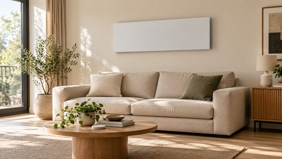 Un panneau chauffant mural fin et sobre fixe en hauteur sur un mur clair, au-dessus d'un canape en tissu beige