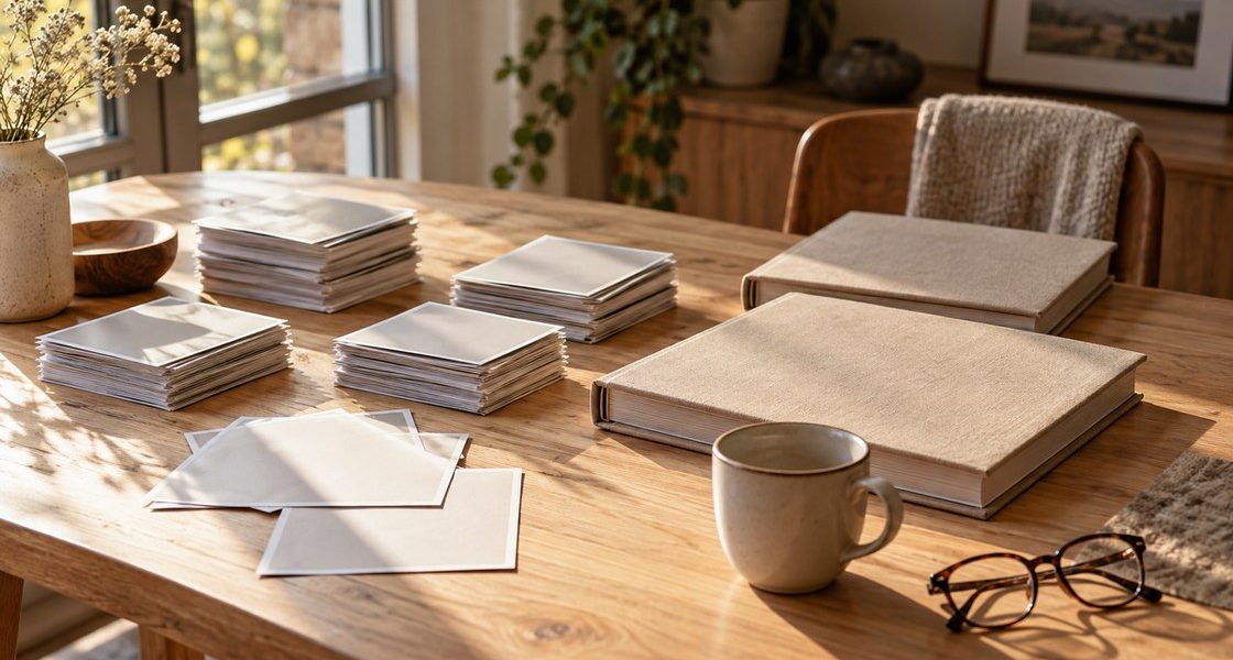Tirages photo posés face contre table et albums reliés de toile, préparés sur une table en bois clair près d'une fenêtre