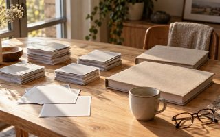 Tirages photo posés face contre table et albums reliés de toile, préparés sur une table en bois clair près d'une fenêtre