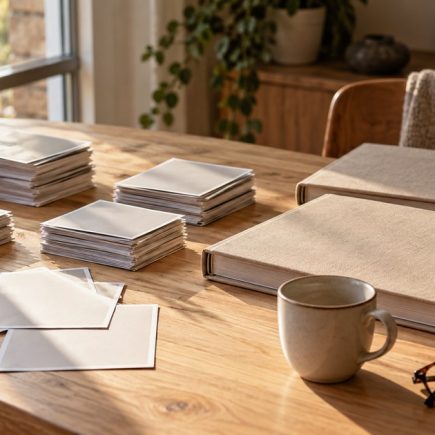 Tirages photo posés face contre table et albums reliés de toile, préparés sur une table en bois clair près d'une fenêtre