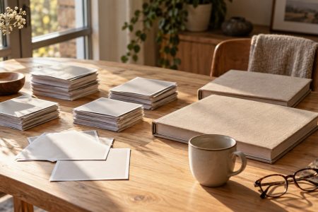 Tirages photo posés face contre table et albums reliés de toile, préparés sur une table en bois clair près d'une fenêtre
