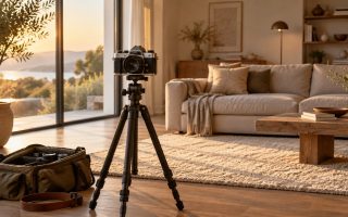 Appareil photo argentique monté sur trépied dans un salon lumineux, avant une séance photo