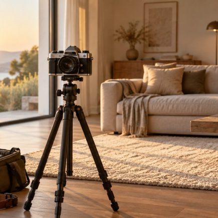 Appareil photo argentique monté sur trépied dans un salon lumineux, avant une séance photo