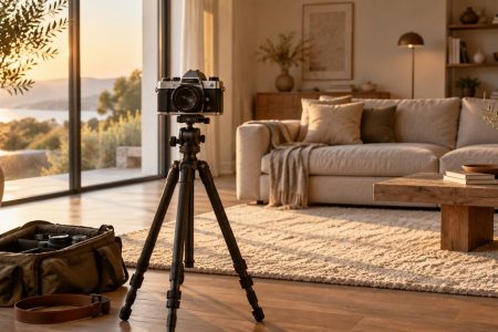 Appareil photo argentique monté sur trépied dans un salon lumineux, avant une séance photo