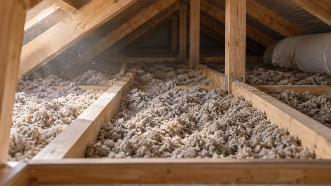 Comble perdu vu depuis la trappe : isolant minéral en vrac soufflé entre les solives en bois clair, poussière fine dans la lumière
