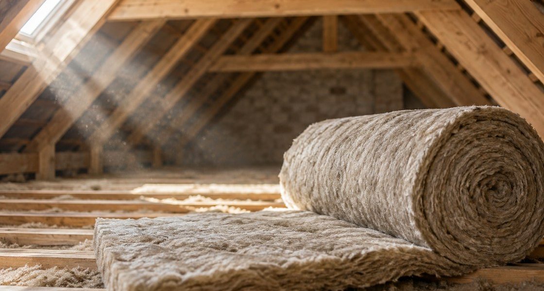 Combles d'une maison ancienne sous charpente en bois clair, rouleau d'isolant minéral déroulé au sol entre les solives, lumière naturelle entrant par une fenêtre de toit