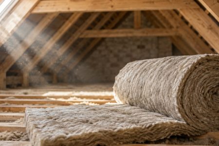Combles d'une maison ancienne sous charpente en bois clair, rouleau d'isolant minéral déroulé au sol entre les solives, lumière naturelle entrant par une fenêtre de toit