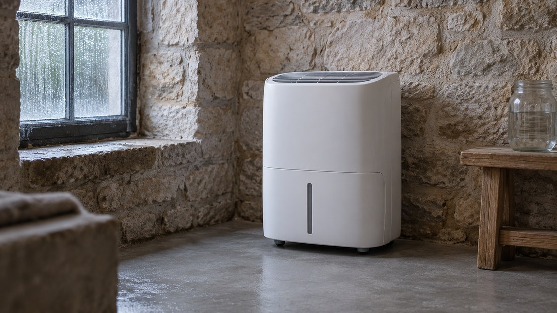 Déshumidificateur portable générique au sol dans une cave en pierre claire, à côté d'une fenêtre dont la vitre est couverte de fines gouttelettes de condensation
