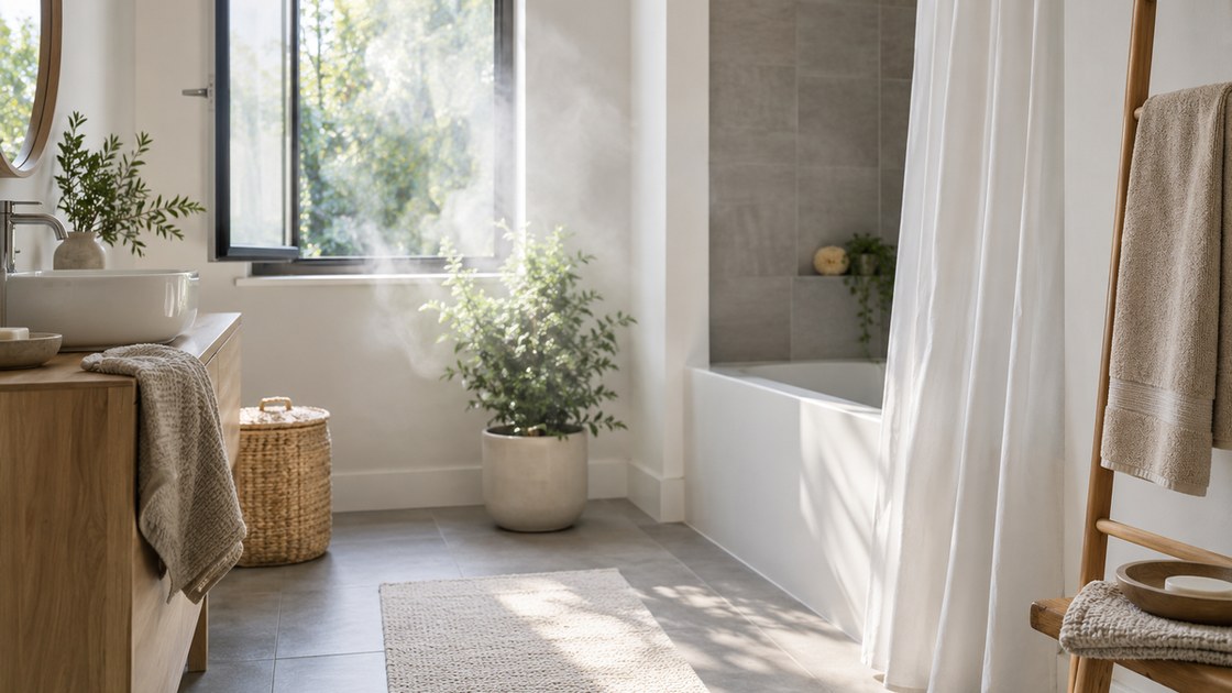 Salle de bains lumineuse avec une fenêtre entrouverte, un rideau de douche repoussé et une légère vapeur d'eau devant la fenêtre