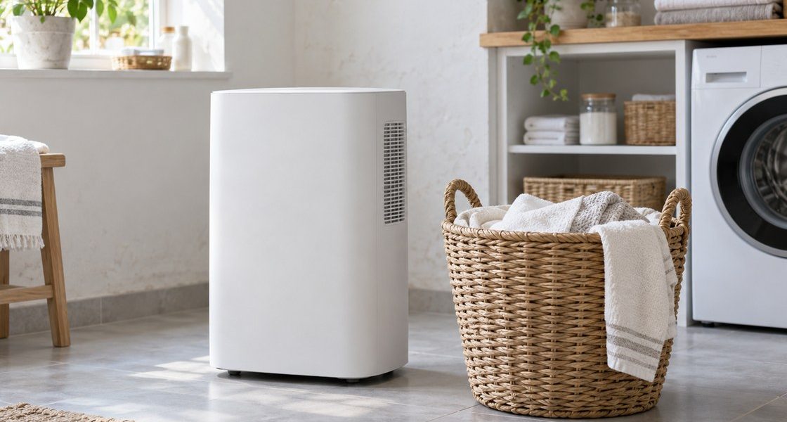 Déshumidificateur portable blanc mat posé sur le carrelage d'une buanderie lumineuse, près d'un panier en osier rempli de linge clair