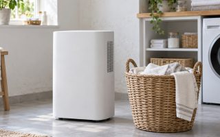 Déshumidificateur portable blanc mat posé sur le carrelage d'une buanderie lumineuse, près d'un panier en osier rempli de linge clair