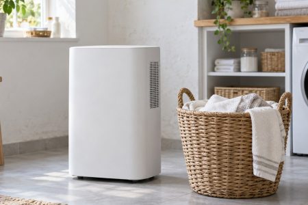 Déshumidificateur portable blanc mat posé sur le carrelage d'une buanderie lumineuse, près d'un panier en osier rempli de linge clair