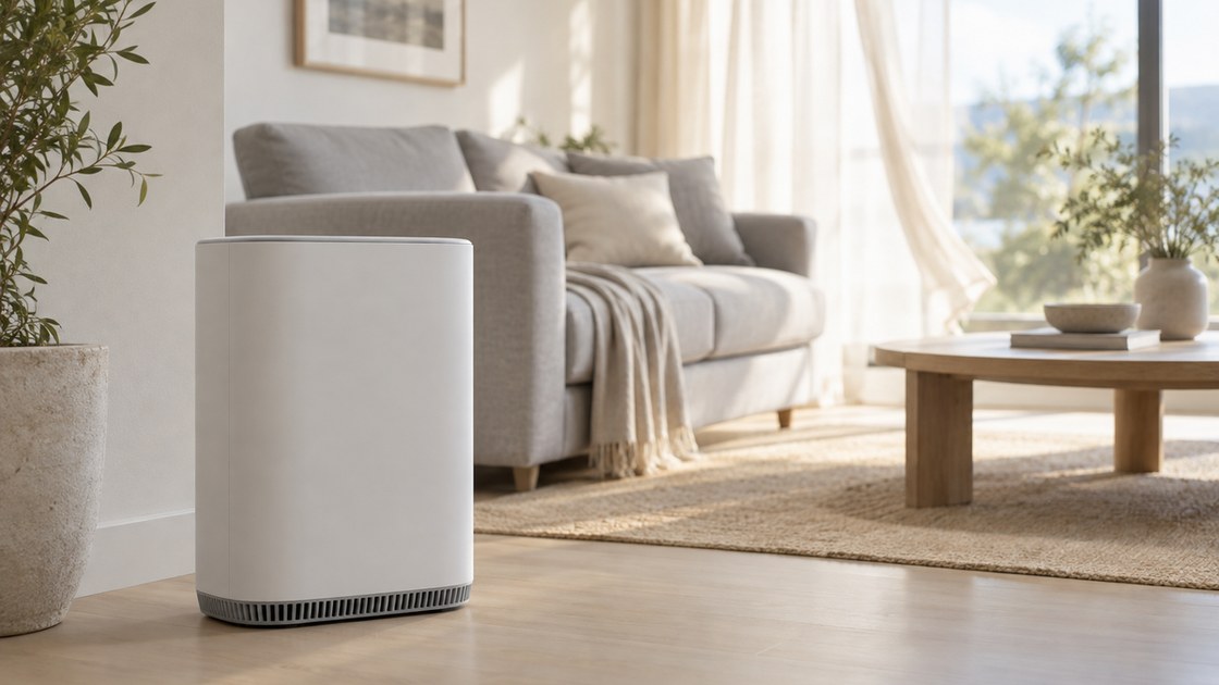 Purificateur d'air cylindrique blanc dans un salon, près d'un canapé en tissu gris clair et d'une grande fenêtre
