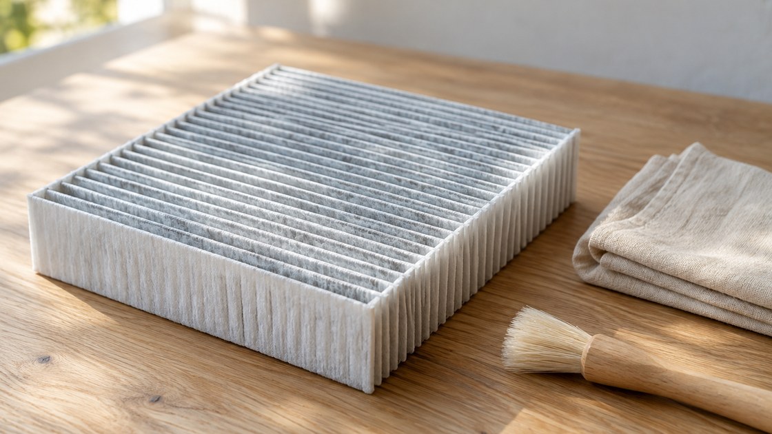Cartouche de filtre plissé blanc et gris clair posée sur une table en bois clair, à côté d'un chiffon en coton