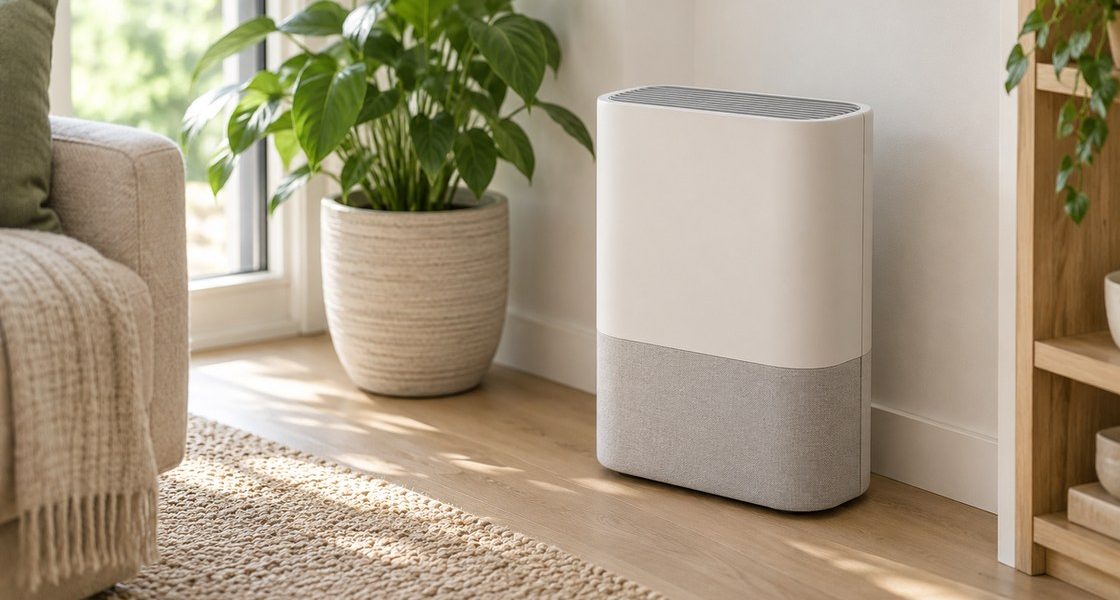 Purificateur d'air compact au boîtier clair posé au sol dans un salon lumineux, à côté d'une plante verte en pot