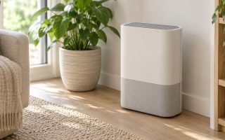 Purificateur d'air compact au boîtier clair posé au sol dans un salon lumineux, à côté d'une plante verte en pot