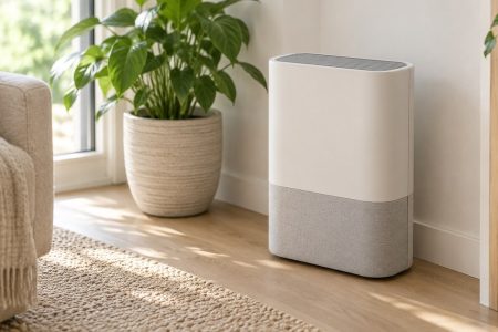 Purificateur d'air compact au boîtier clair posé au sol dans un salon lumineux, à côté d'une plante verte en pot