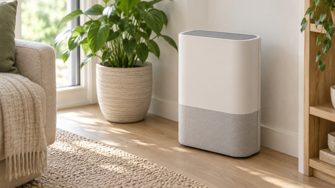 Purificateur d'air compact au boîtier clair posé au sol dans un salon lumineux, à côté d'une plante verte en pot